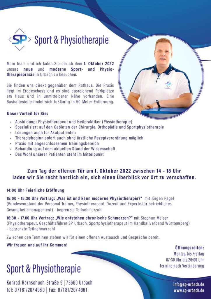 Eröffnung Physiotherapie Praxis in 73660 Urbach Konrad-Hornschuch-Str. 9
Sport & Physiotherapie